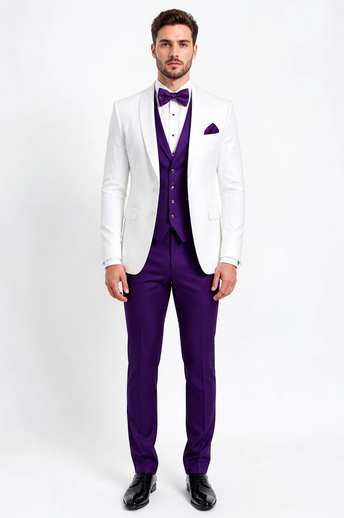 White and Purple Tuxedo Wedding Suit - White Dinner Jacket + Vest + Pants + Bow-tie