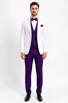 White and Purple Tuxedo Wedding Suit - White Dinner Jacket + Vest + Pants + Bow-tie