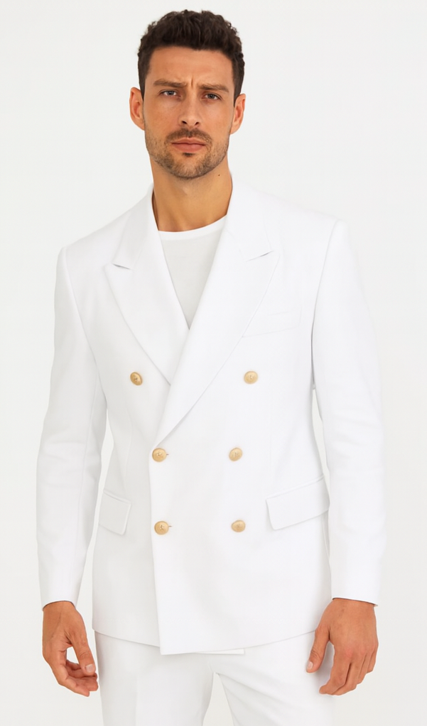 White, Six Button Double Breasted Suits Blazer Jacket Coat Solid Camel / US 38 Short / EU 48 Short
