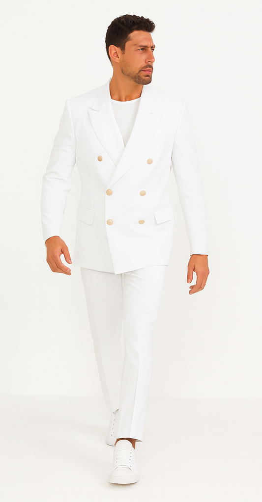 White, Six Button Double Breasted Suits Blazer Jacket Coat