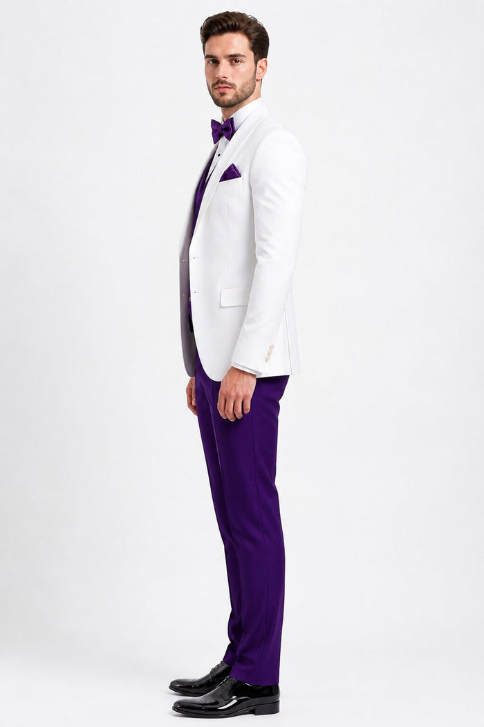 White and Purple Tuxedo Wedding Suit - White Dinner Jacket + Vest + Pants + Bow-tie