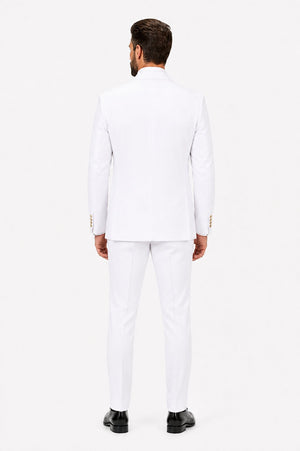 Men's White Statement Ticket Pocket Peak Lapel Wool Double Breasted Vest Suit with Gold Buttons – Modern Fit