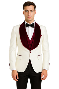 Mens Vested Designer Wide Velvet Wedding Tuxedo in Ivory