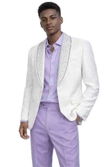 Mens White Rhinestone Shawl Lapel Blazer – Slim Fit Luxury Tuxedo Style Jacket for Wedding and Party Wear