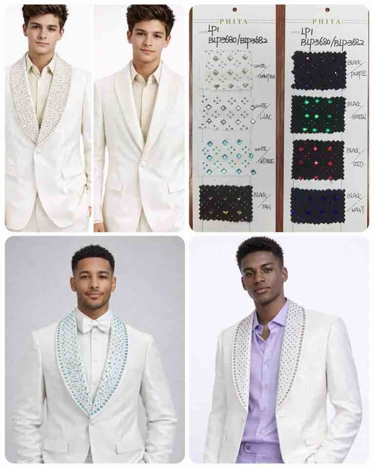 Mens White Rhinestone Shawl Lapel Blazer – Slim Fit Luxury Tuxedo Style Jacket with Multi-Color Crystal