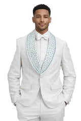 Mens White Embellished Tuxedo Suit – Slim Fit Formal Suit with Crystal Shawl Lapel for Wedding and Party Wear