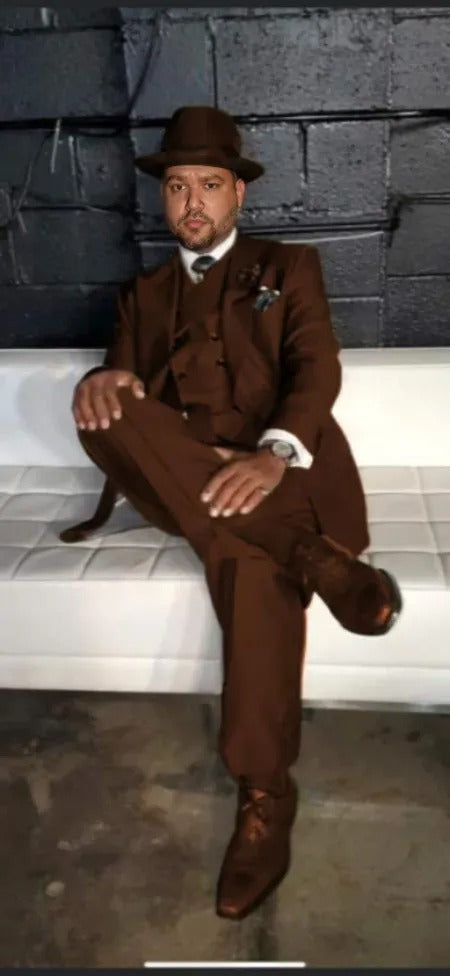 Wide leg Suits - Classic Fit Suits - Athletic Fit Suits 1 Button Vested Suits - Wool Brown Suits