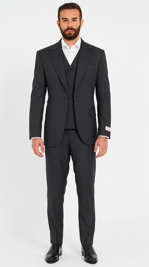 Wide leg Suits - Classic Fit Suits - Athletic Fit Suits 1 Button Vested Suits - Wool Charcoal Suits