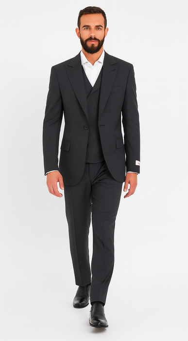Wide leg Suits - Classic Fit Suits - Athletic Fit Suits 1 Button Vested Suits - Wool Charcoal Suits