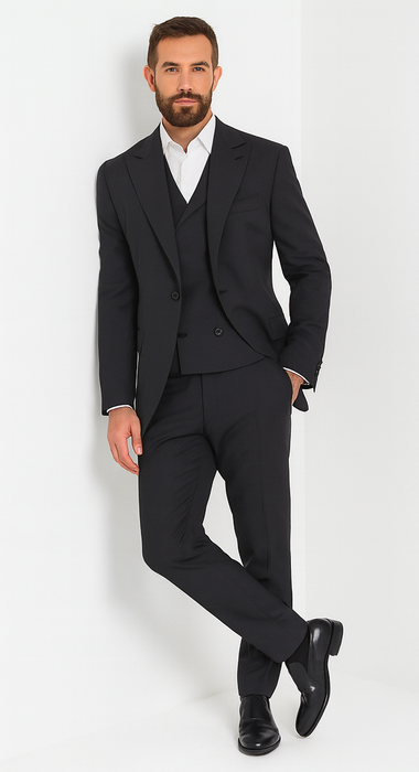 Wide leg Suits - Classic Fit Suits - Athletic Fit Suits 1 Button Vested Suits - Wool Charcoal Suits