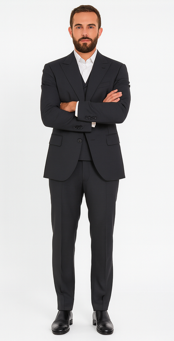 Wide leg Suits - Classic Fit Suits - Athletic Fit Suits 1 Button Vested Suits - Wool Charcoal Suits