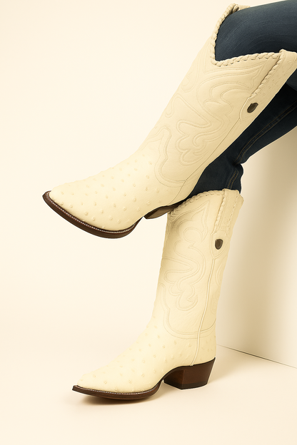 Wild West Cream ~ Off White Full Quill Ostrich Cowboy Boots - Botas De Avestruz