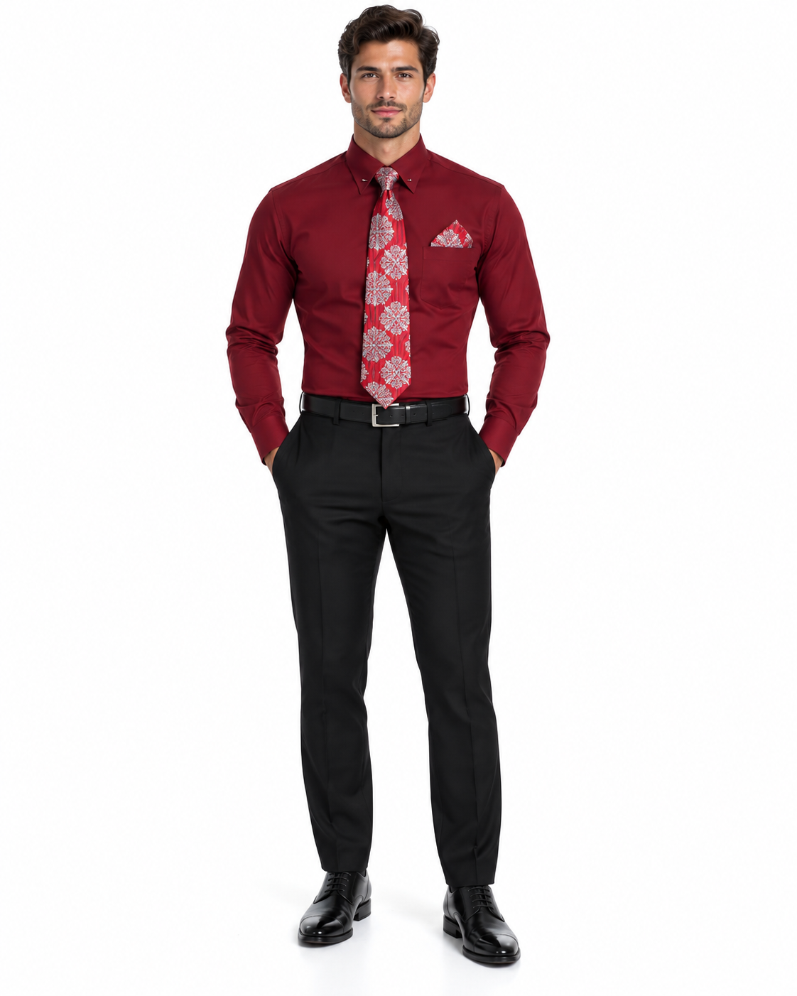Wine Pin Collar Dress Shirt With Collar Bar