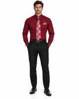 Wine Pin Collar Dress Shirt With Collar Bar