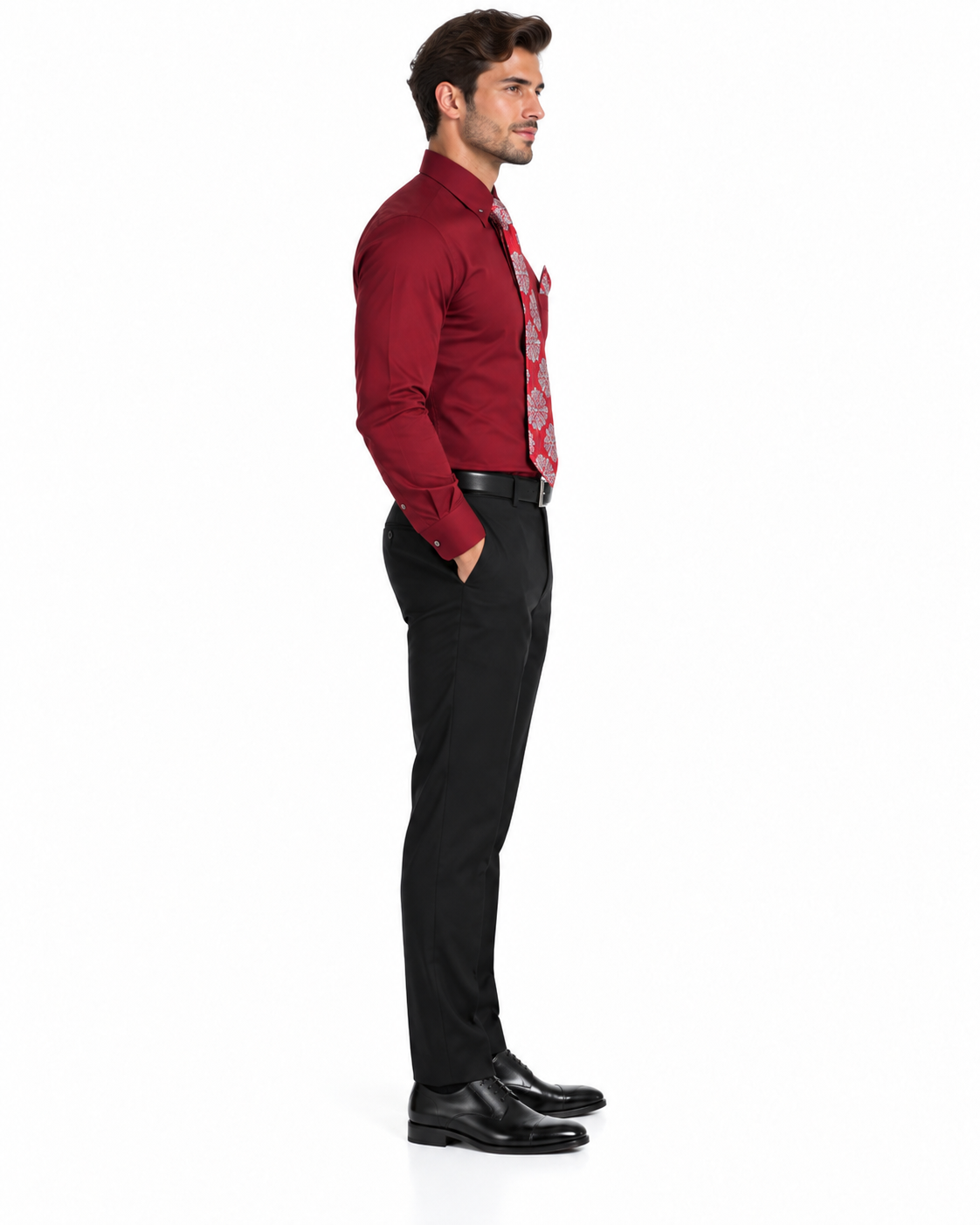 Wine Pin Collar Dress Shirt With Collar Bar