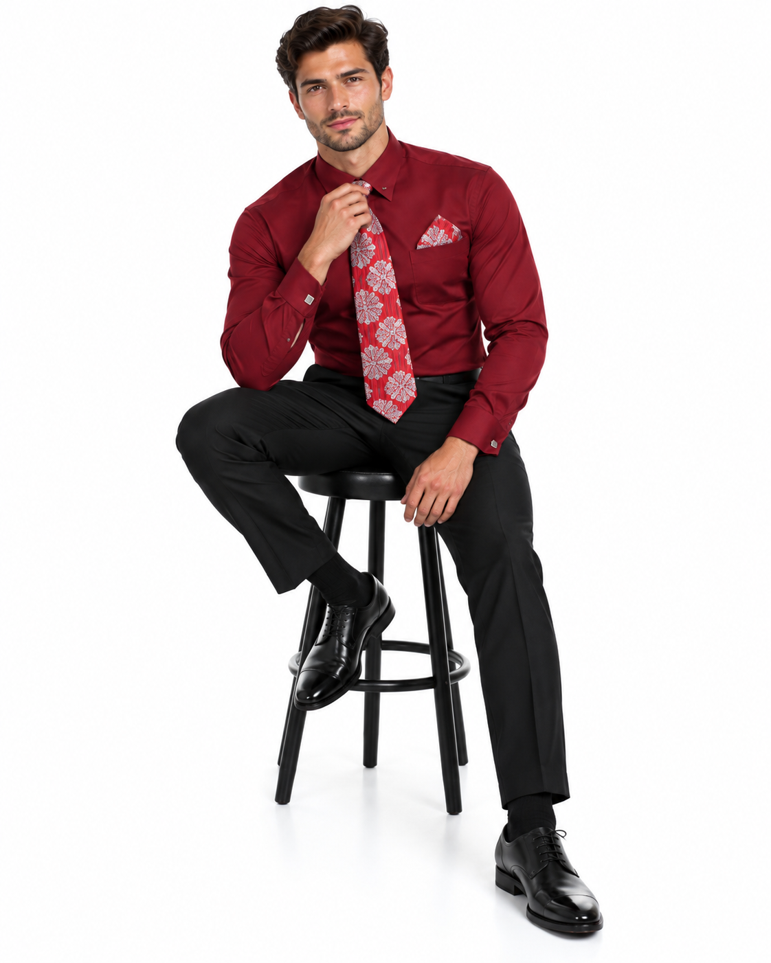 Wine Pin Collar Dress Shirt With Collar Bar