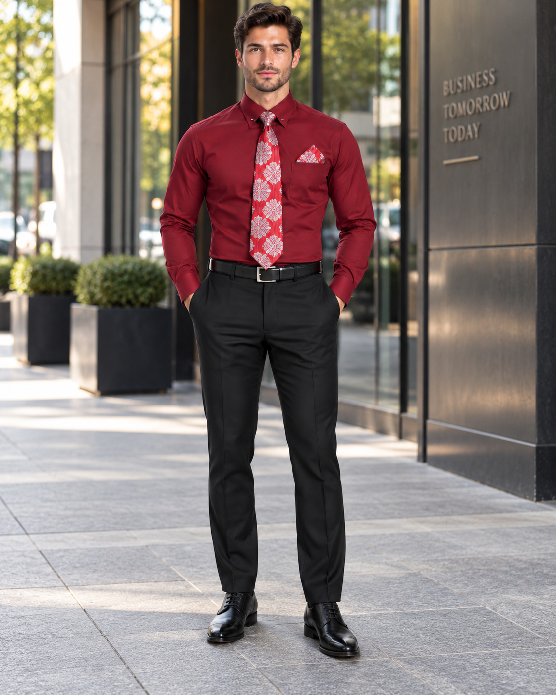 Wine Pin Collar Dress Shirt With Collar Bar