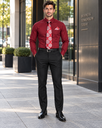 Wine Pin Collar Dress Shirt With Collar Bar