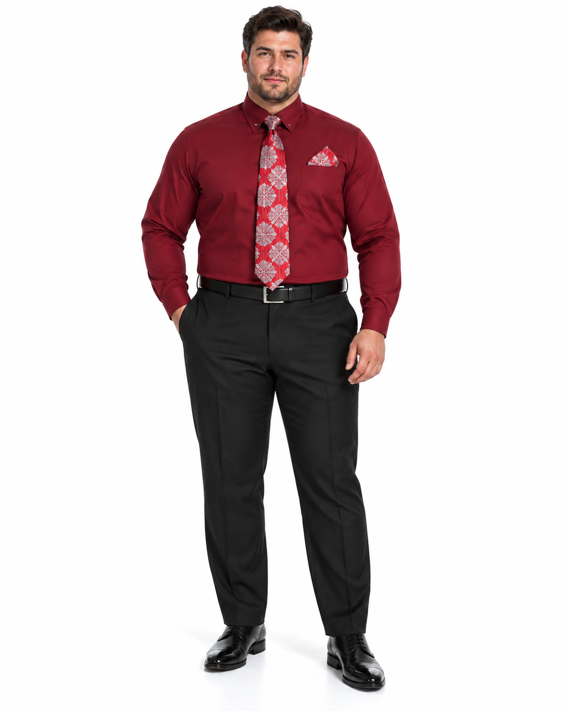 Wine Pin Collar Dress Shirt With Collar Bar