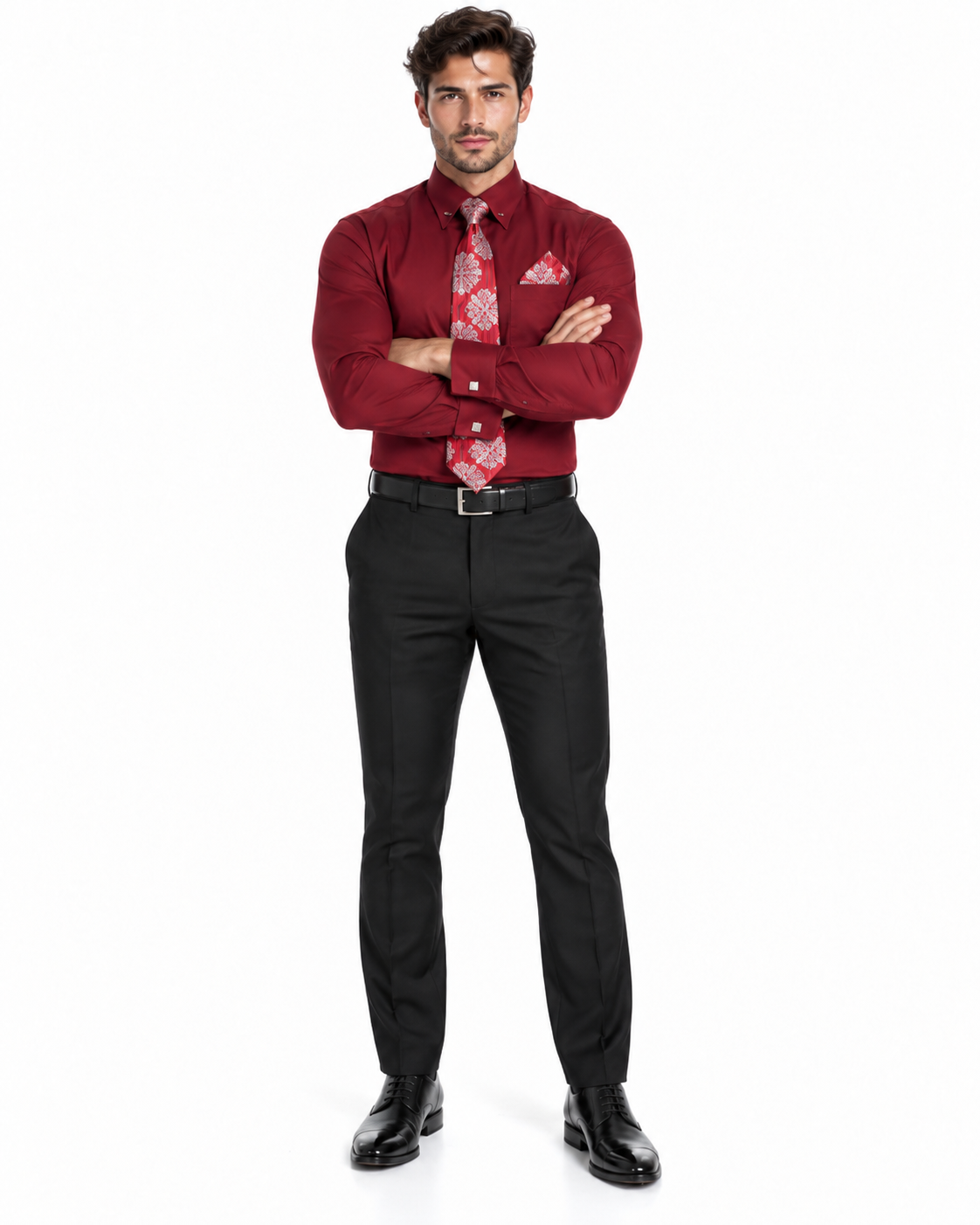 Wine Pin Collar Dress Shirt With Collar Bar