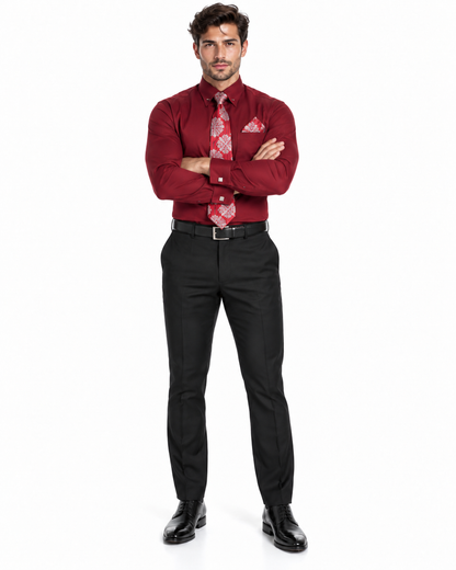 Wine Pin Collar Dress Shirt With Collar Bar