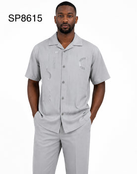 Men’s Light Gray Embroidered Walking Suit Set – 2 Piece Short Sleeve Casual Outfit