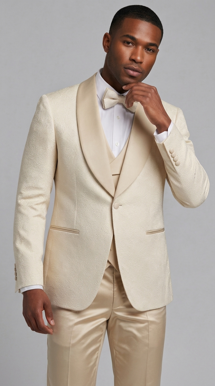 Ivory Shawl Tuxedo with Fancy Pattern Four Piece Set - Wedding - Prom