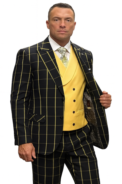 Athletic Suit - Black ~ Yellow Windowpane - Plaid Suit Modern Fit Side Vented Super 150's Wool Fabric - 100% Percent Wool Fabric Suit - Worsted Wool Business Suit