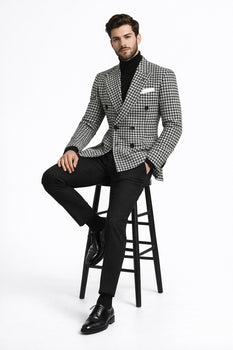 Men’s 100% Wool Houndstooth Blazer – Black and White Modern Fit
