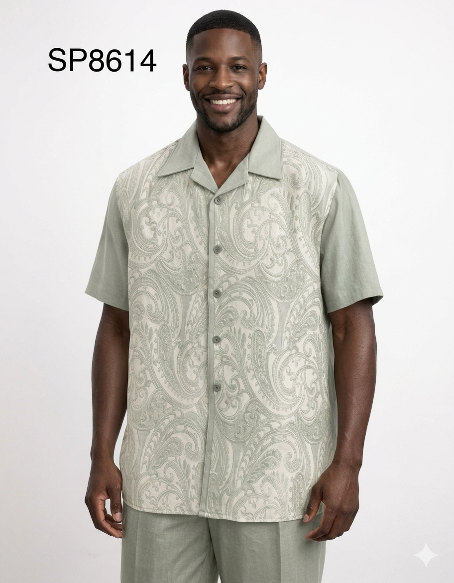 Men’s Sage Paisley Walking Suit Set – 2 Piece Short Sleeve Casual Outfit