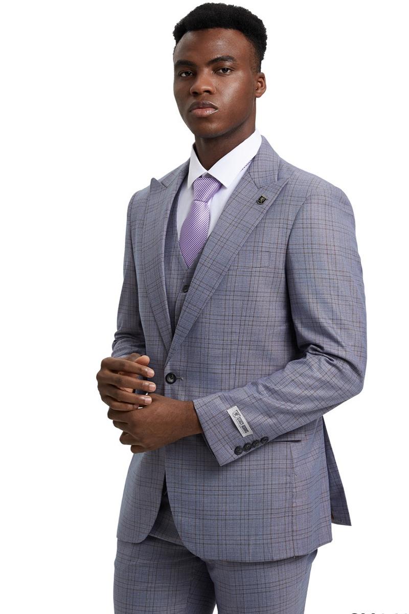 Men's Stacy Adams Vested One Button Wide Peak Lapel Windowpane Plaid Suit in Light Grey - Image 5