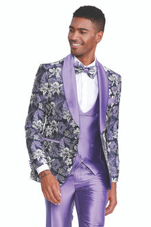 Graduation Suit - Men's Slim Fit One Button Vested Paisley Shawl Lapel Prom Tuxedo in Purple