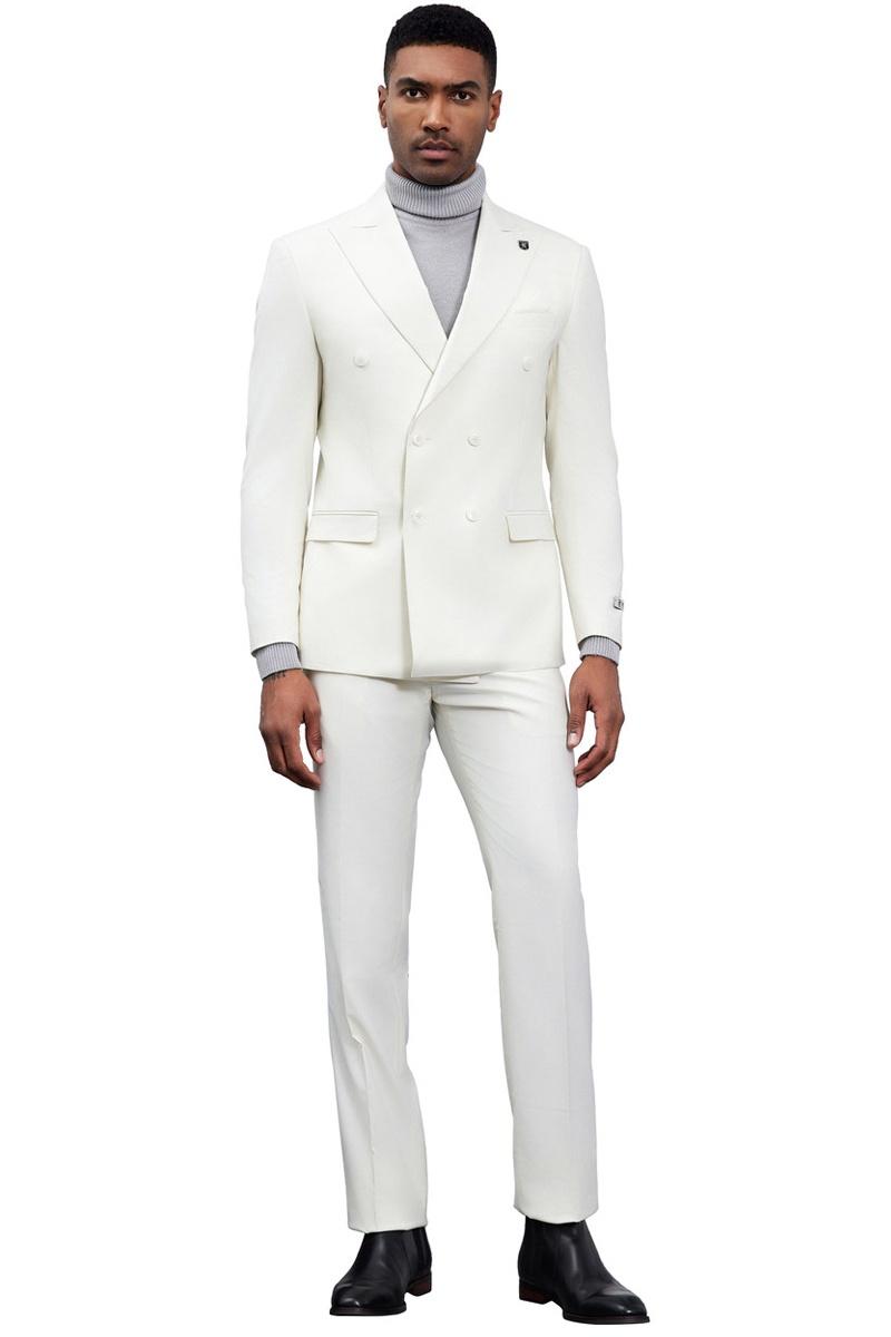 Men's Designer Stacy Adams Classic Double Breasted Suit in Ivory - Image 2