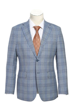Mens Designer Two Button Slim Fit Notch Lapel Wool Suit in Light Grey & Blue Windowpane Plaid