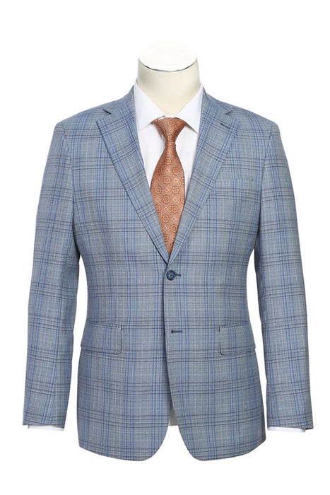 Mens Designer Two Button Slim Fit Notch Lapel Wool Suit in Light Grey & Blue Windowpane Plaid