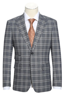 Mens Designer Slim Fit Peak Lapel Suit in Grey Windowpane Plaid
