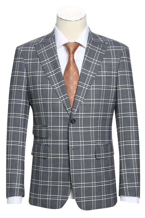 Mens Designer Slim Fit Peak Lapel Suit in Grey Windowpane Plaid