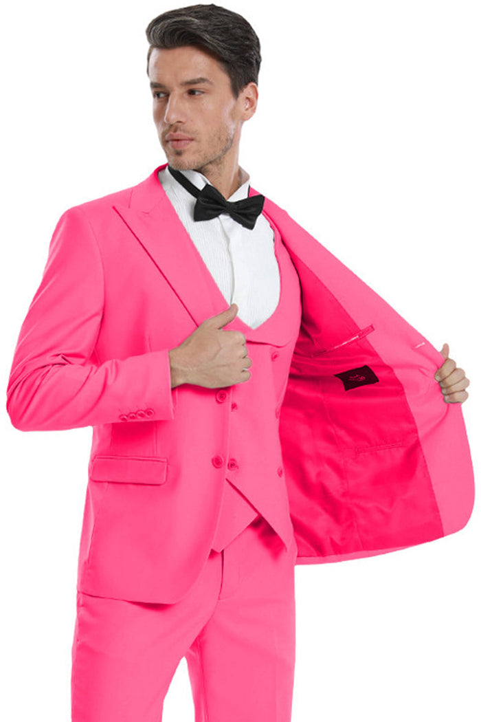 Graduation Suit - Men's Two Button Vested Peak Lapel Pastel Wedding & Prom Suit in Fuchsia Pink