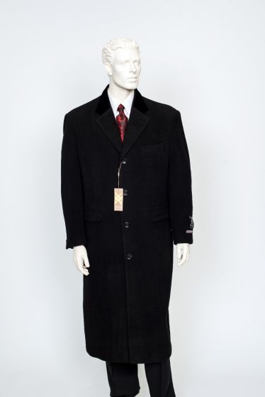 Men’s Camel Chesterfield Overcoat with Brown Velvet Collar, Full Length Cashmere Style Dress Coat