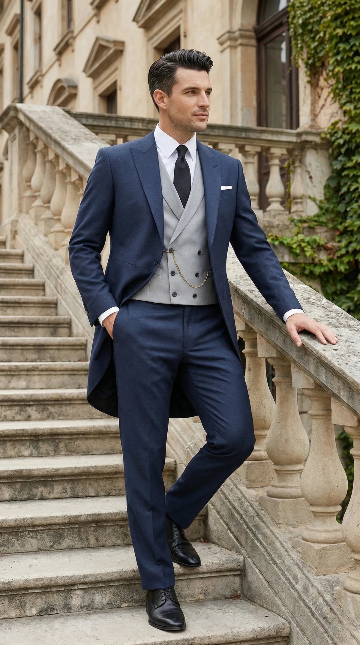 Mensusa Men’s Navy Blue Three Piece Formal Suit – Cutaway Tuxedo Blazer Trouse ...