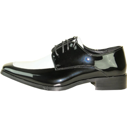 Bravo Mens Classic Moc Toe Shiny Patent Tuxedo Prom Shoe in Black & White