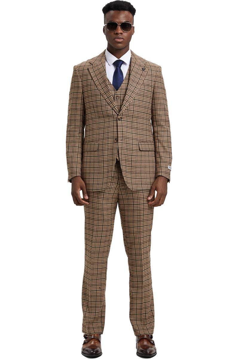 Men's Stacy Adams Vested Modern Fit Houndstooth Glen Plaid Suit in Camel & Green - Image 3