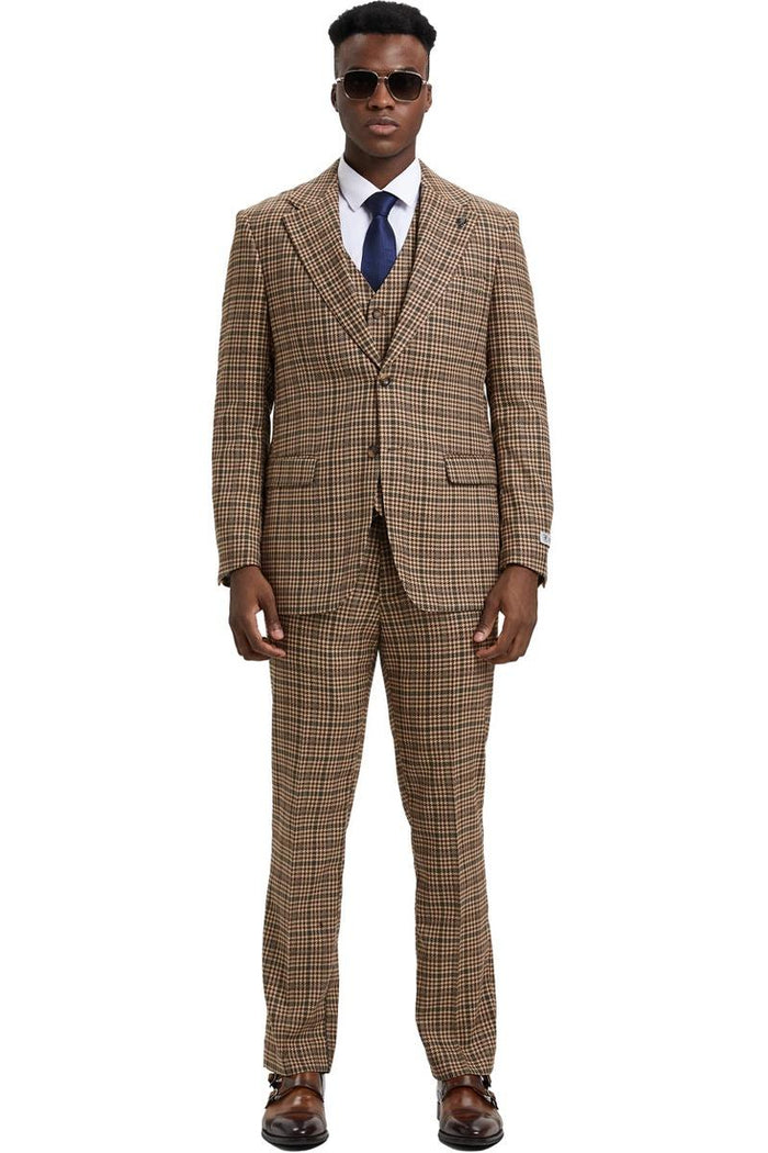 Men's Stacy Adams Vested Modern Fit Houndstooth Glen Plaid Suit in Camel & Green - Image 3