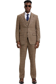 Men's Stacy Adams Vested Modern Fit Houndstooth Glen Plaid Suit in Camel & Green - Image 3