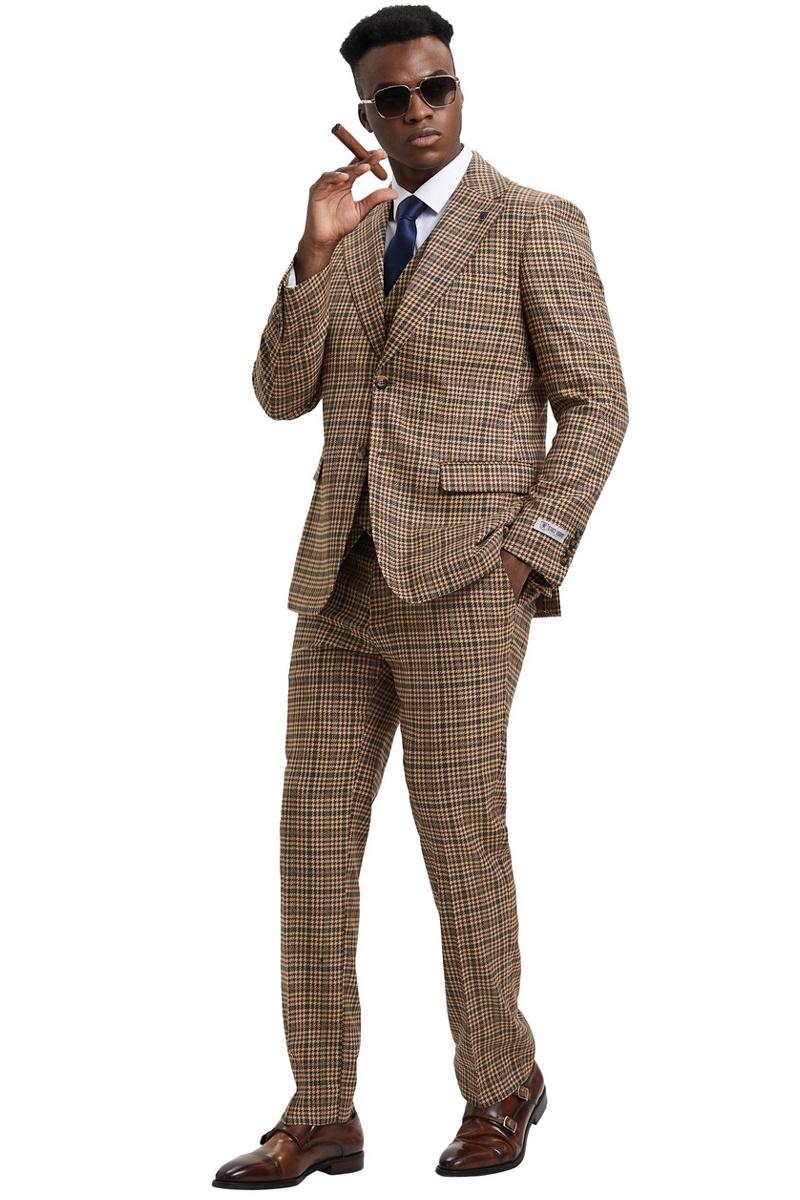Men's Stacy Adams Vested Modern Fit Houndstooth Glen Plaid Suit in Camel & Green - Image 4