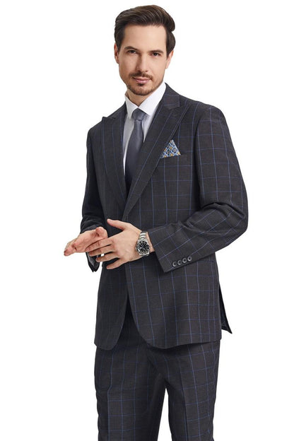 Men's Stacy Adams Peak Lapel Charcoal Grey Windowpane Plaid Suit with a Scoop Neck Vest - Image 5