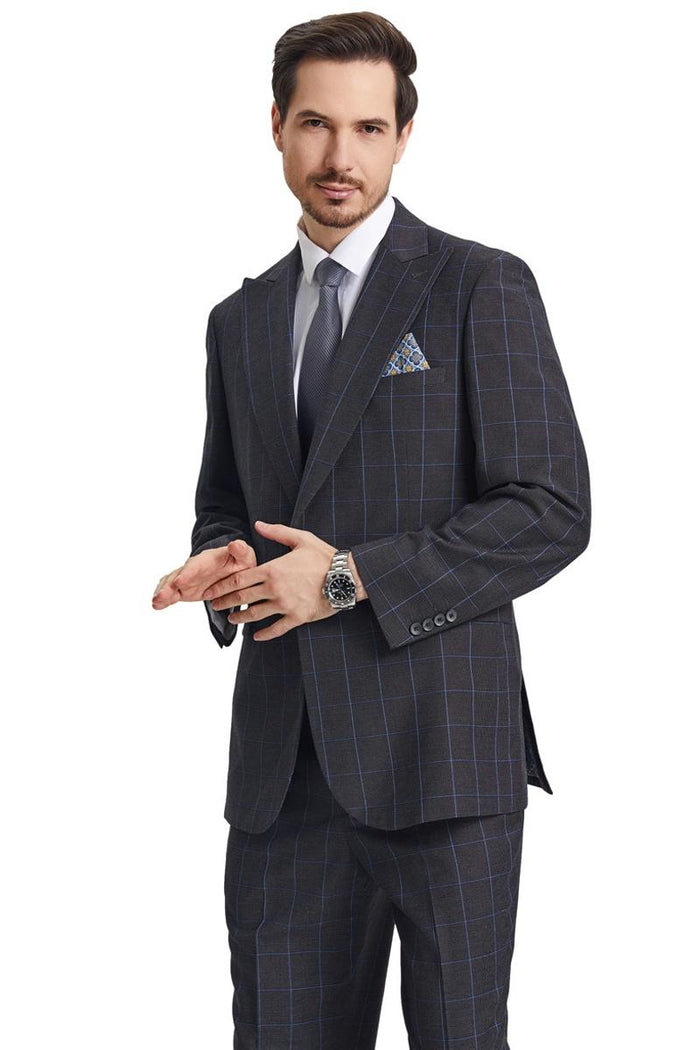Men's Stacy Adams Peak Lapel Charcoal Grey Windowpane Plaid Suit with a Scoop Neck Vest - Image 5