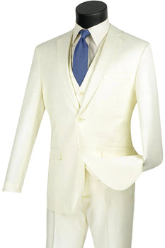 Mens Vested Slim Fit Wool Feel Suit in Ivory