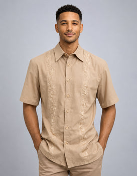 Men’s Sand Beige Embroidered Walking Suit Set – 2 Piece Short Sleeve Casual Outfit
