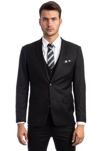 Graduation Suit - Men's Two Button Slim Fit Vested Solid Basic Color Suit in Black